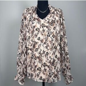 Easel Women Blouse Medium Cream Brown Floral V-Neck Long Sleeve Ruffle Cuff Boho